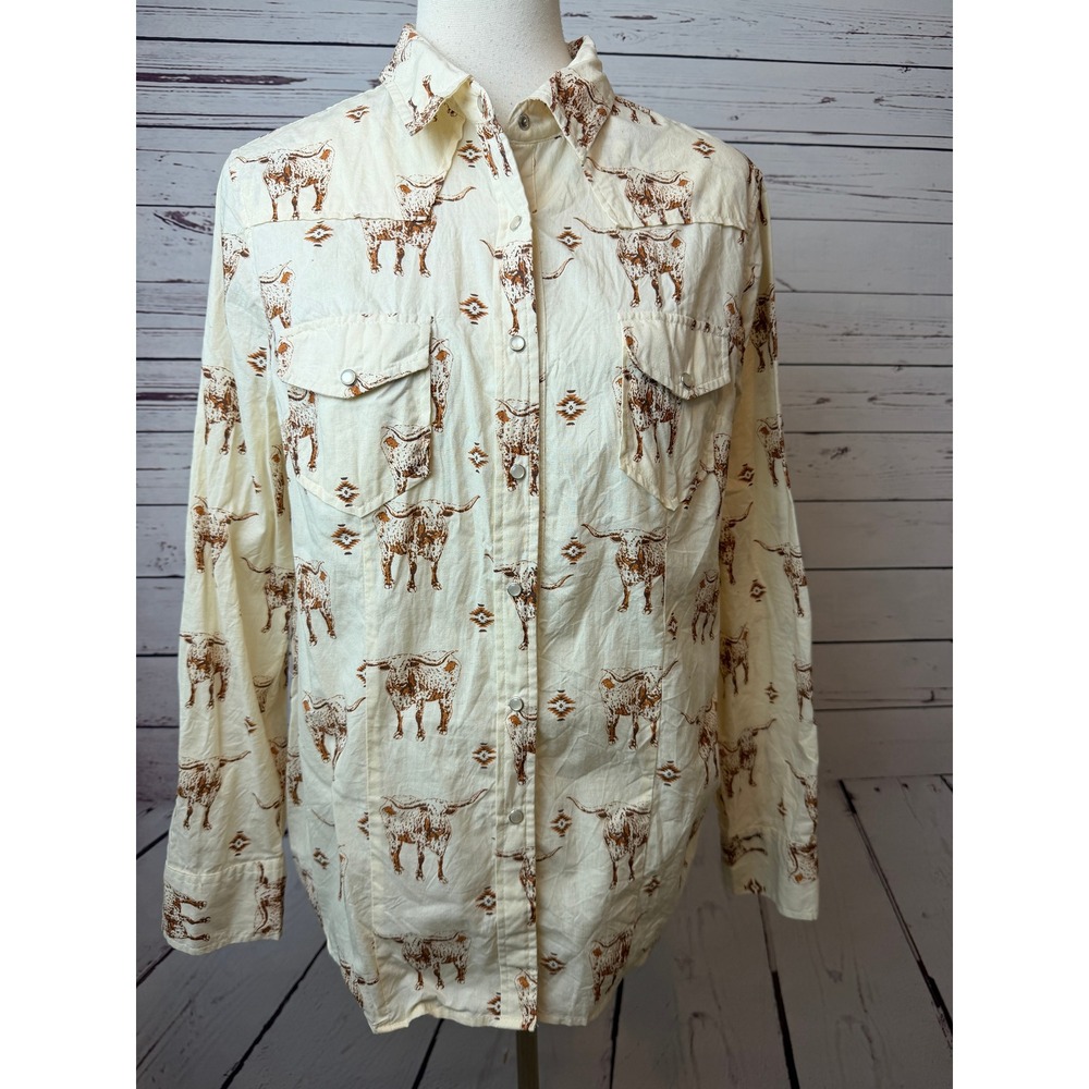 Cotton Rye Pearl Snap Western Shirt Medium Longhorn AOP Button Down Rodeo Womens